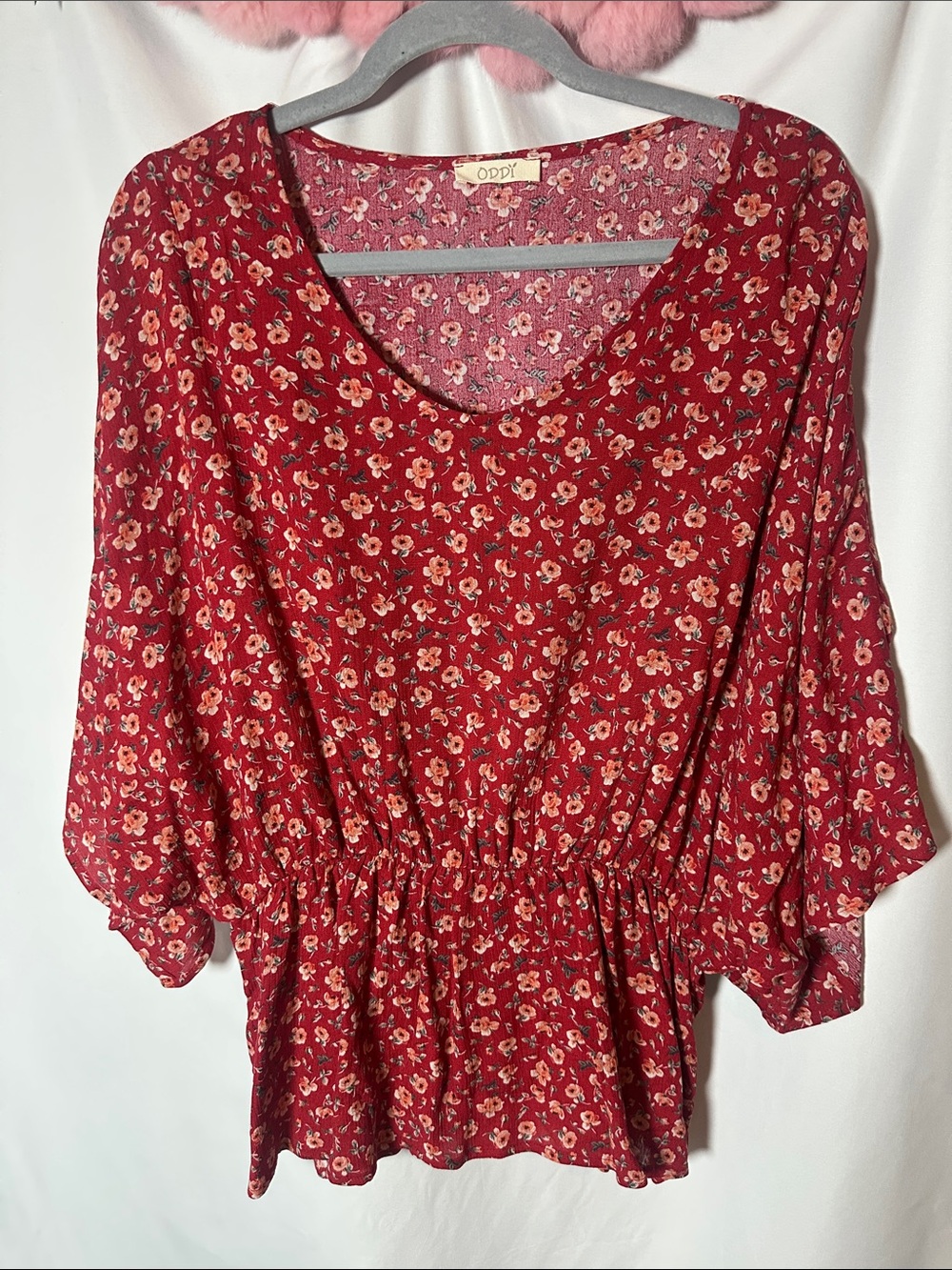 ODDY Red Floral Scoop-Neck Peplum Tunic